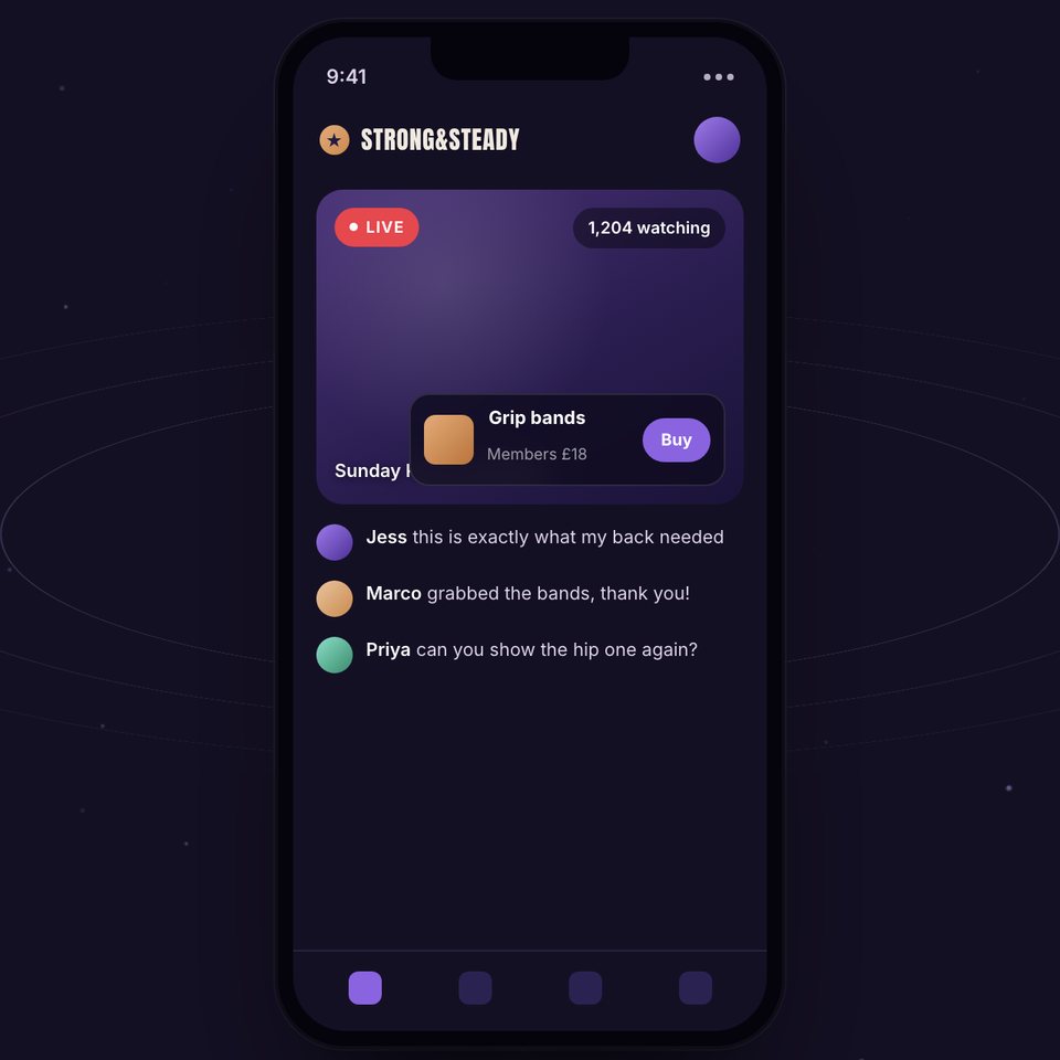 A world built with Quixoverse: a coach going live to her members, with a shop and chat inside her own app